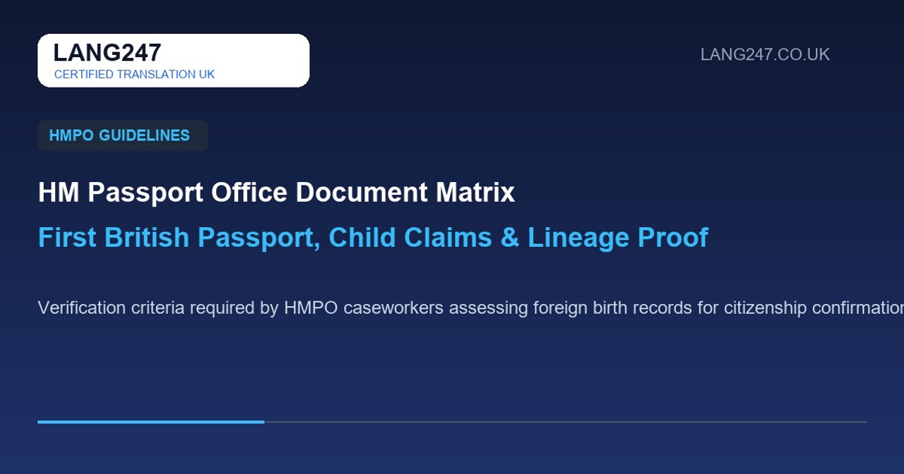 table detailing HM Passport Office birth certificate translation rules and parent citizenship verification